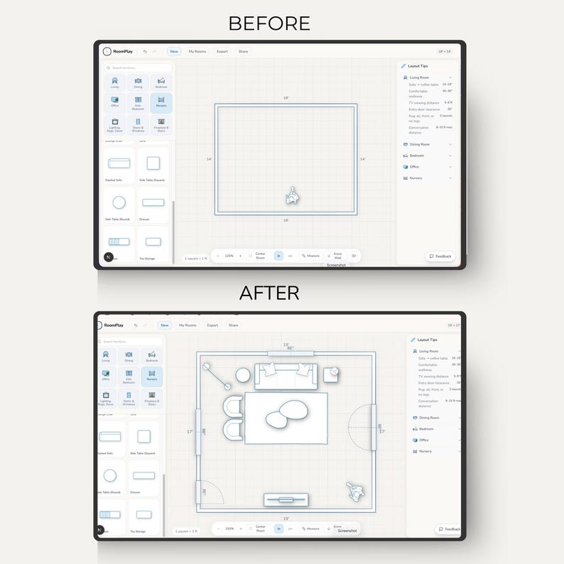 Interactive drag and drop room planner tool | furniture layout | web-based floor plan tool | room layout planner | interior design planner image 4