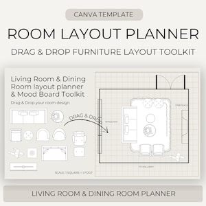 Plantilla de planificador de habitaciones de Canva / Planificador de distribución de salas y comedores para hogares. Plantilla de Canva con función de arrastrar y soltar. Plantilla de planificador de distribución de viviendas.