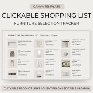 Clickable Shopping List Template Canva | PRO Version | Multiple Layouts + Detailed Specs | Furniture Lighting Plumbing Appliances Hardware