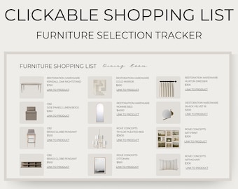 Clickable Shopping List Template Canva | PRO Version | Multiple Layouts + Detailed Specs | Furniture Lighting Plumbing Appliances Hardware