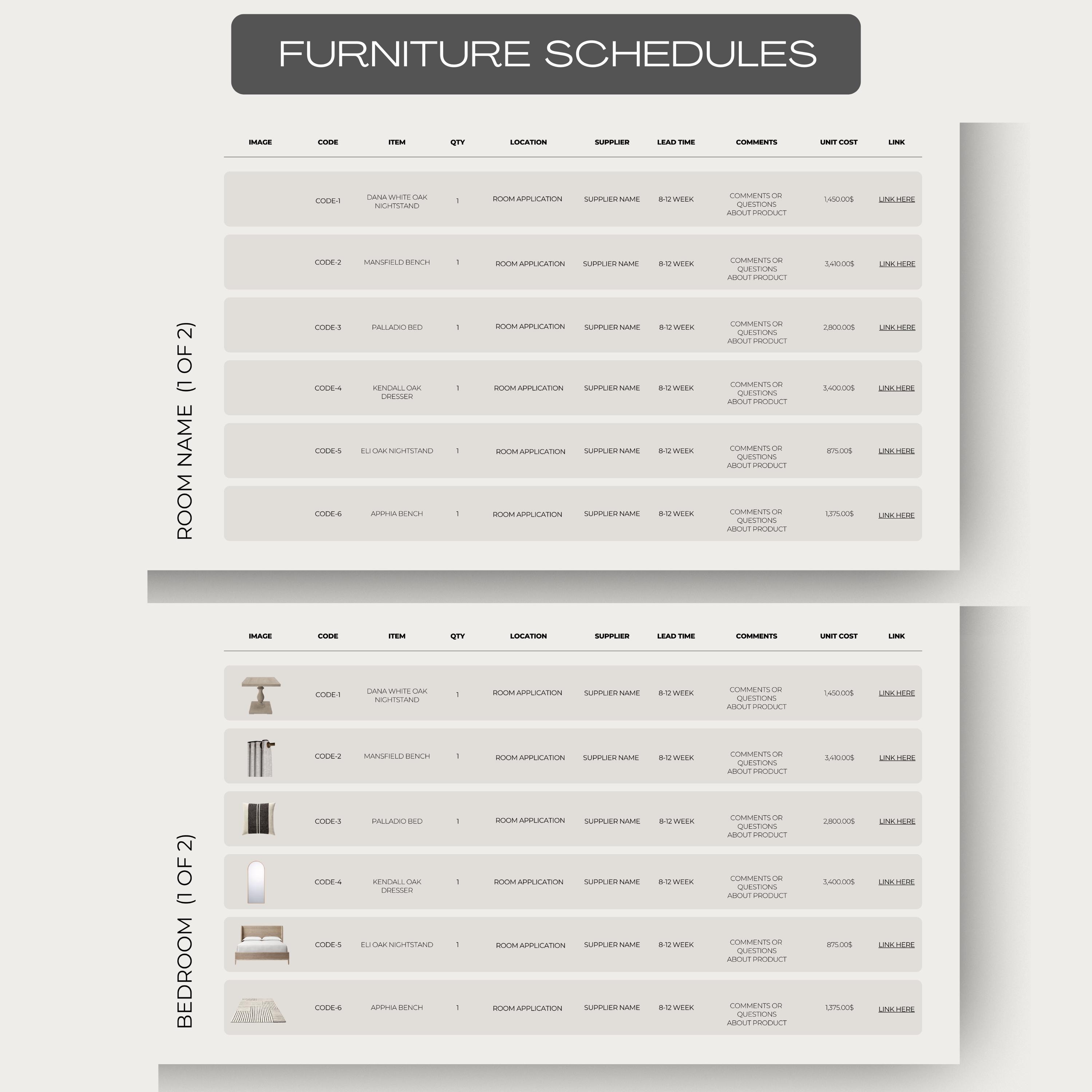 Interior Design FF&E Schedule Template, Furniture, Fixtures, Lighting ...
