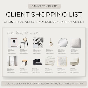 Plantilla de lista de compras interactiva Canva / Versión PRO / Múltiples diseños + especificaciones detalladas / Muebles, iluminación, plomería, electrodomésticos, ferretería