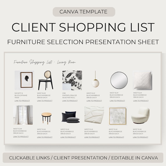 Clickable Shopping List Template Canva | PRO Version | Multiple Layouts + Detailed Specs | Furniture Lighting Plumbing Appliances Hardware