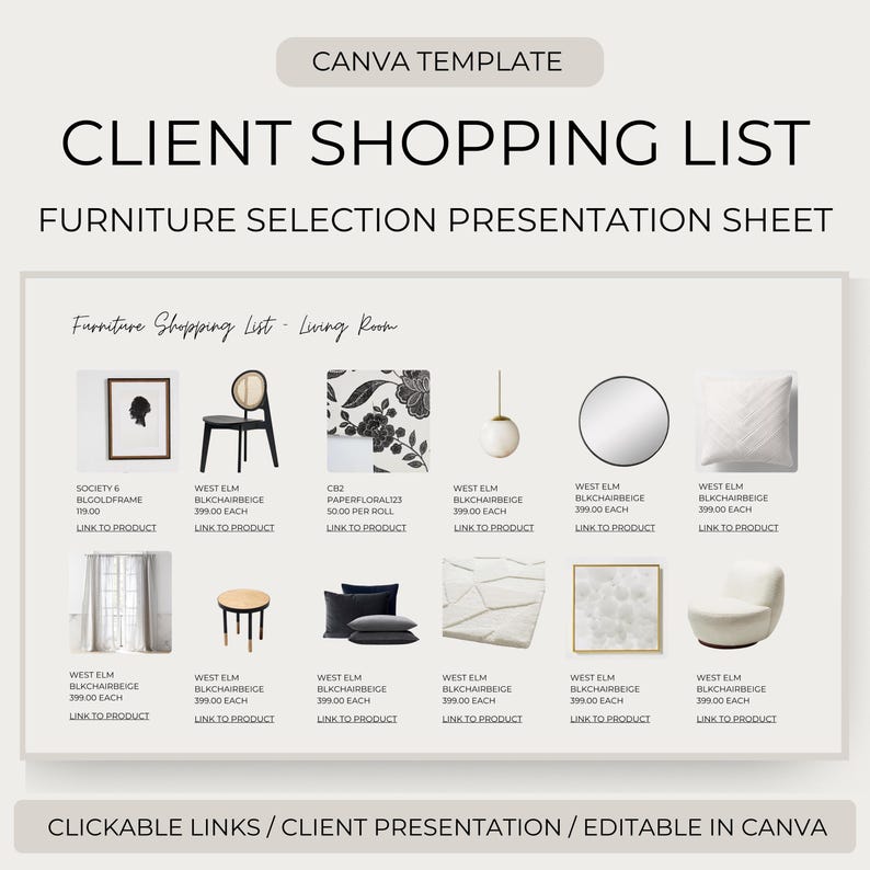 Clickable Shopping List Template Canva | PRO Version | Multiple Layouts + Detailed Specs | Furniture Lighting Plumbing Appliances Hardware image 1