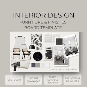 Furniture  Finishes Mood Board Template | Interior Design FF&E Board | Canva Template for Material Decor Styling | Minimalist board