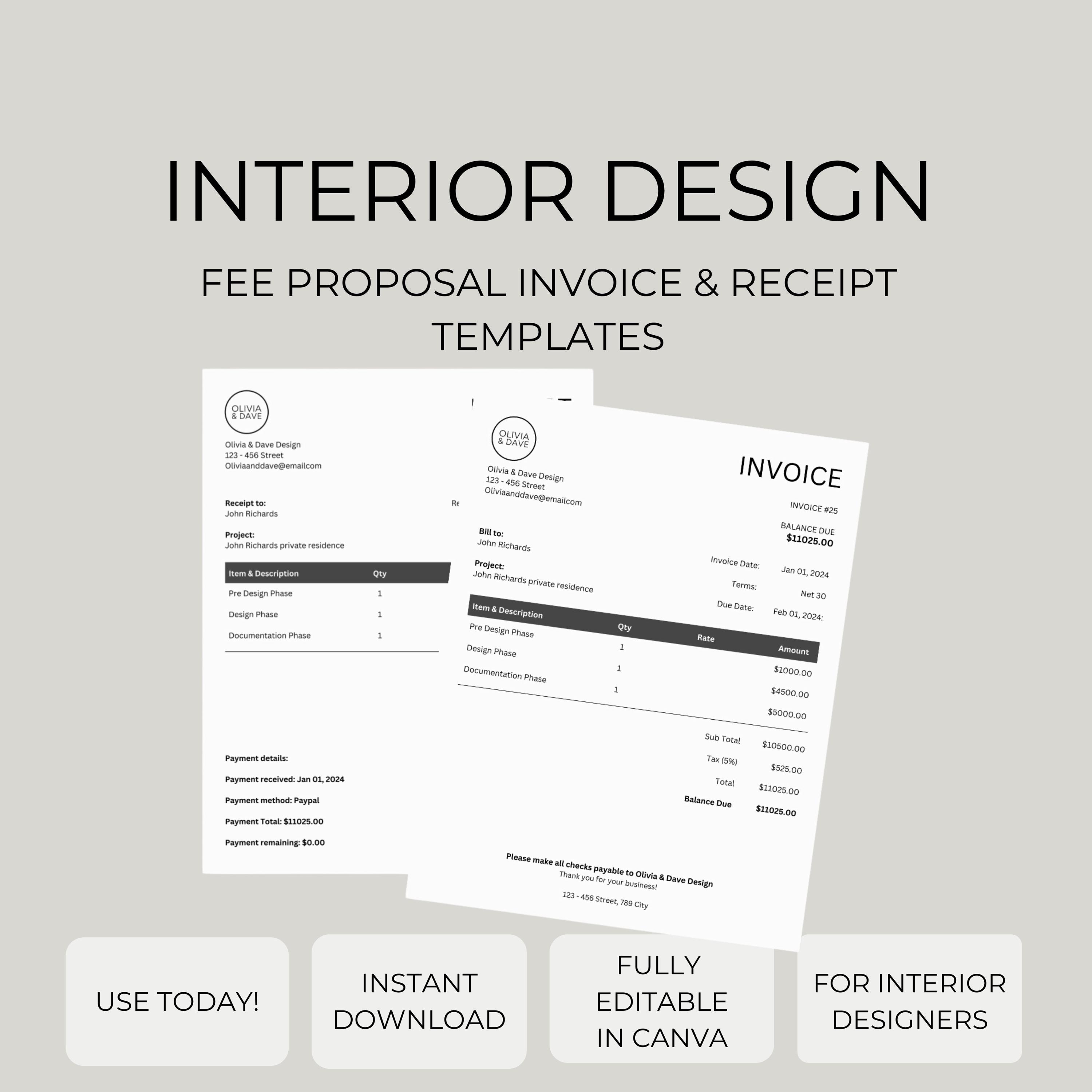 Interior Design Fee Proposal Template: Client Invoice (canva Editable,  8.5x11) (PDF) - Etsy, image size:3000x3000