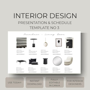 Décoration d'intérieur : présentation sur toile, modèle de programme FF&E, mood board, liste de courses, finitions, conception électronique, spécifications du produit, fiche technique