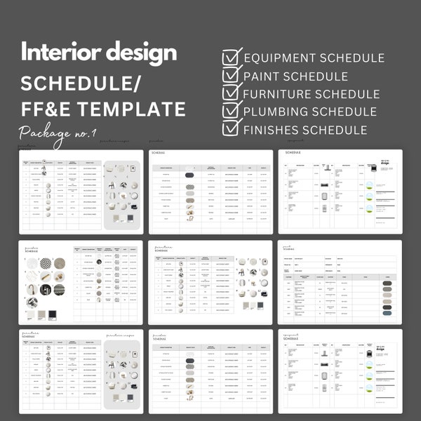 Interior Design Schedule template, fully editable with canva, fixture, finishes, furniture, equipment, paint, plumbing schedule template
