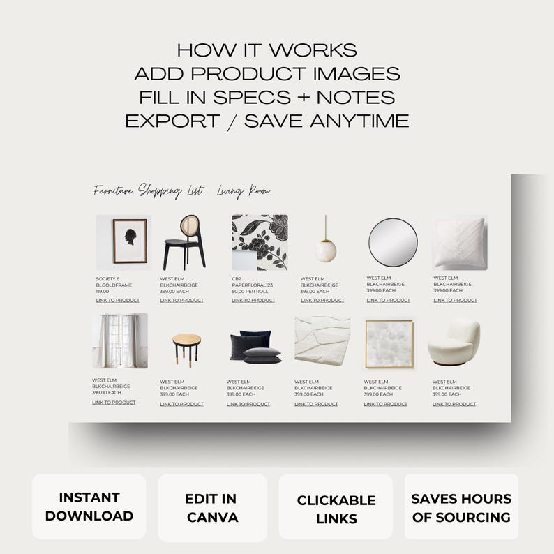 Clickable Shopping List Template Canva | PRO Version | Multiple Layouts + Detailed Specs | Furniture Lighting Plumbing Appliances Hardware image 6