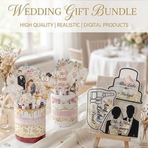 Op de afbeelding: Bruiloft cadeaupakket met decoratieve elementen. De afbeelding toont twee cilindrische geschenkdozen met bloemen- en bruiloftthema-decoraties, samen met een klein ezelbord met tekst. De tekst "Wedding Gift Bundle" staat bovenaan.