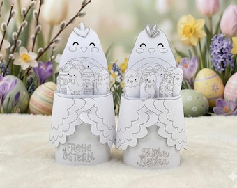 Pagina da colorare di gallina con pulcino di cioccolato | Regalo di Pasqua fai da te e regalo in denaro da personalizzare | Set creativo 3D in formato PDF per imballaggi Duplo