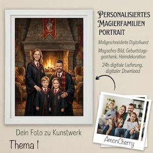 May include: A framed digital portrait of a family dressed in wizarding robes, set against a fireplace backdrop. The artwork is labeled "Personalized Wizard Family Portrait" with additional text in German. A smaller photo of the family is also included.