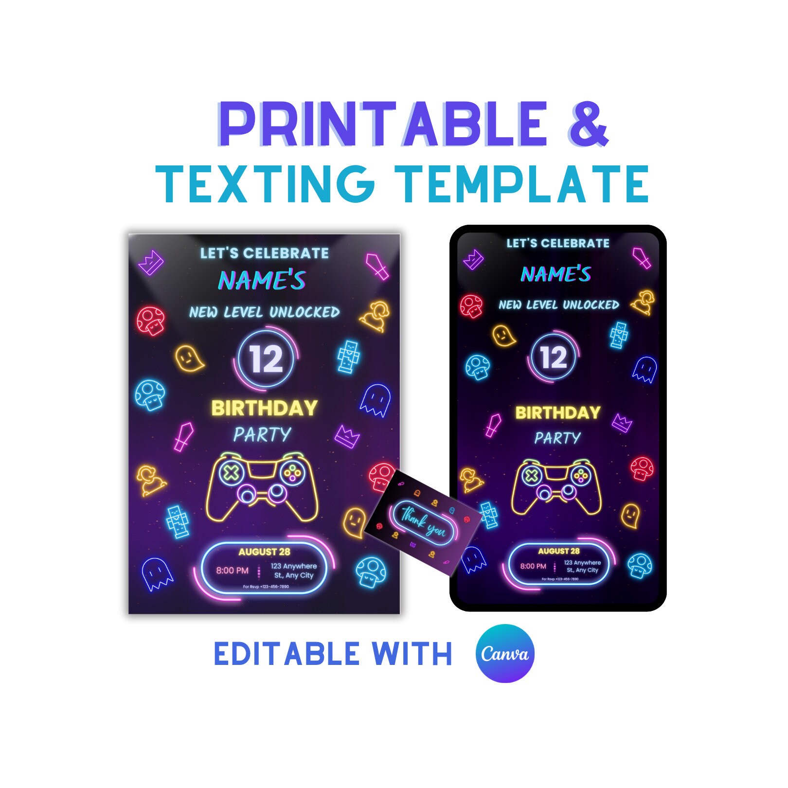 Video Game Birthday Party Invitation Gamer Birthday Invite Neon ...