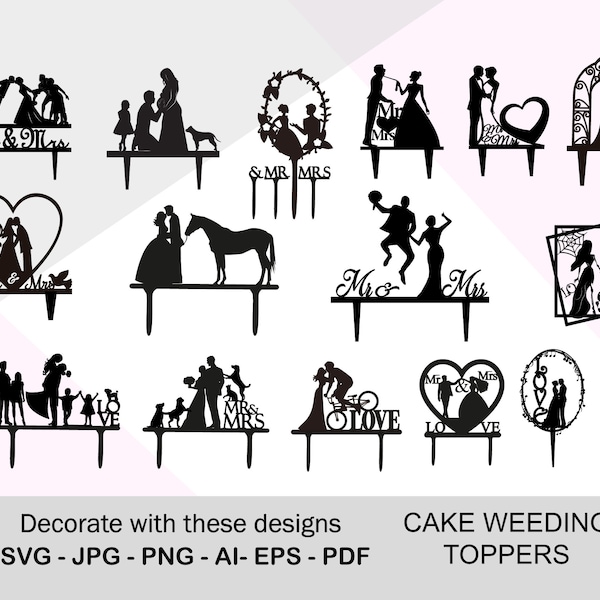 56 Wedding Toppers and 12 cupcake wedding toppers svg, Bundle Bride And Groom Mr & Mrs Couple Silhouette, laser cut