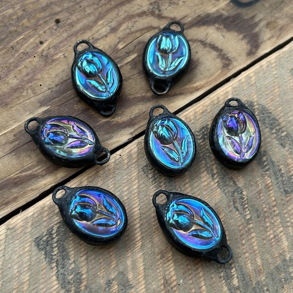 Iridescent Stained Glass Tulip Charm:Black Patina Boho Floral Pendant. Vintage Necklace, Tulip Glass Lampwork, Chain Connector for jewellery