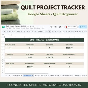 Op de afbeelding: Een digitale quiltprojecttracker voor Google Sheets met een dashboard met statistieken voor totaal aantal projecten, waarde van de stoffenvoorraad en winkelkosten. De interface toont een quiltprojectdashboard met rijen voor projectstatus.