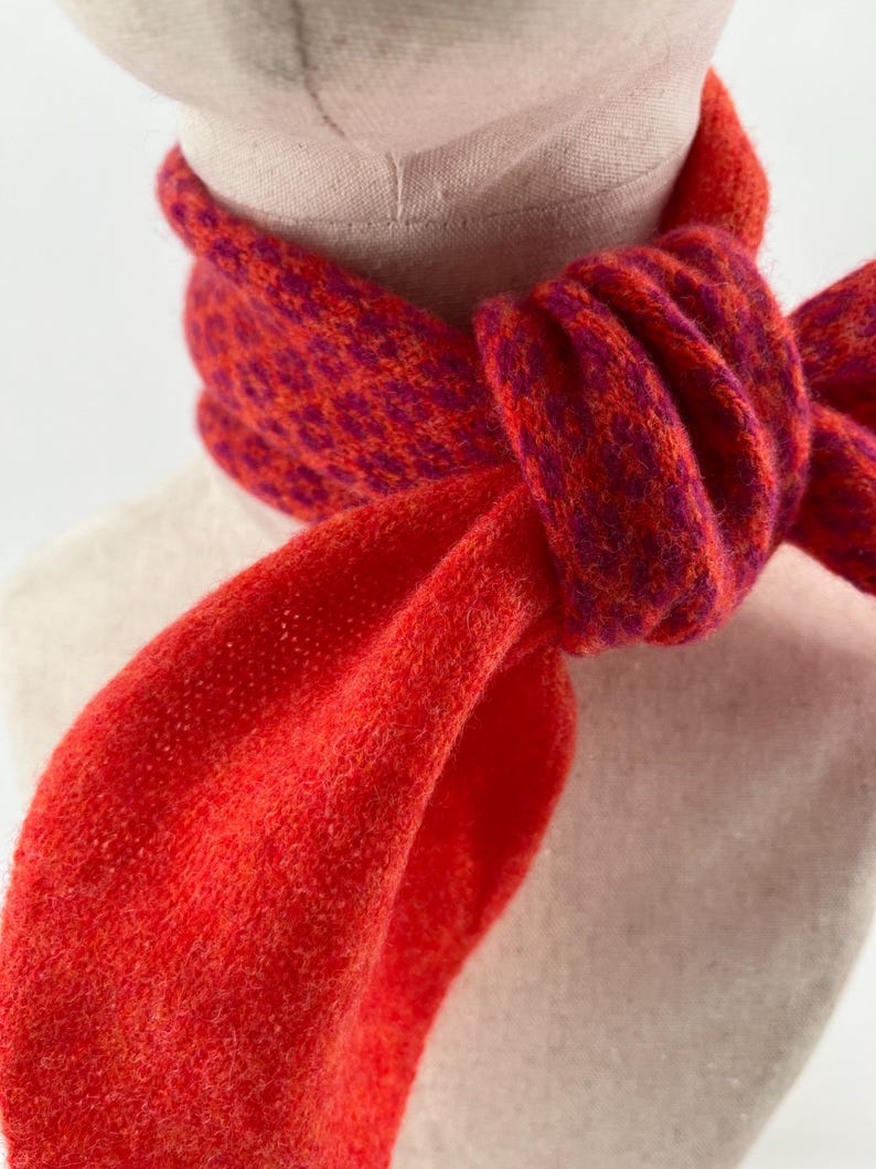 Knitted 100% Merino Lambswool MinI Tie Scarf, half plain and half patterned. image 16