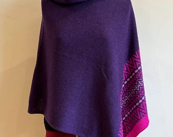 Merino Lambswool Knitted Poncho with Fairisle Zigzag border. NEW LONGER LENGTH.