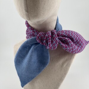Knitted 100% Merino Lambswool MinI Tie Scarf, half plain and half patterned. Soft Blue & Pink