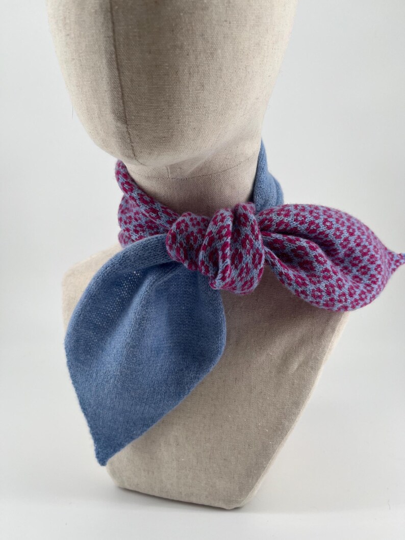 Knitted 100% Merino Lambswool MinI Tie Scarf, half plain and half patterned. Soft Blue & Pink