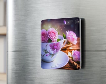 Pretty Pink Teacup Fridge Magnet Porcelain Square Refrigerator Magnet