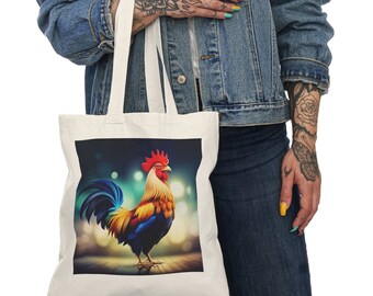 Tote Natural Cotton Bag colorful rooster design shopping bag fun whimsical