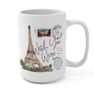 Taza inspirada en una postal de París, Francia, de 15 oz, un gran recuerdo de viaje de París, Francia. Taza única de gran tamaño para té, café o bebidas calientes.