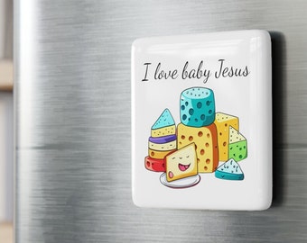 Aimant en porcelaine J'aime l'enfant Jésus, aimant de réfrigérateur carré