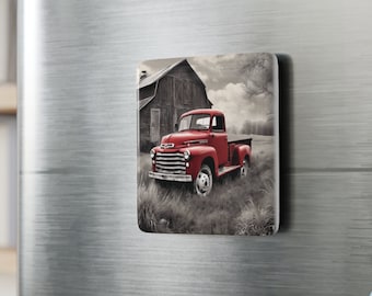 Fridge Magnet Vintage Red Farm Truck Porcelain Square Refrigerator Magnet