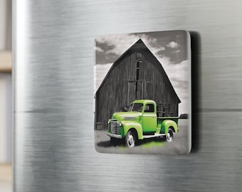 Imán para nevera Vintage granja verde camión porcelana cuadrado imán para refrigerador