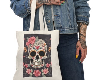 Tote Natural Cotton Sugar Skull Bag ideal for use for doing errands, travel or grocery shopping.