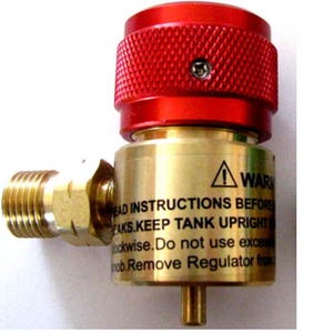 May include: A gold-colored gas regulator with a red knob. The regulator has a warning label that reads: "READ INSTRUCTIONS BEFORE USE. KEEP TANK UPRIGHT. TURN KNOB CLOCKWISE. DO NOT USE EXCESSIVE FORCE. REMOVE REGULATOR FROM TANK BEFORE REFILLING."