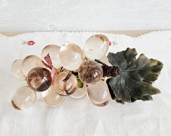 Vintage Lucite Light Pale Pink Grapes Cluster On Grapevine MCM Decor Fruit Decor