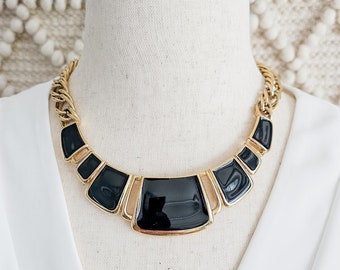 Trifari Vintage Black Enamel And Gold Tone Statement Necklace