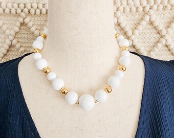 Monet Signed Vintage Gold Tone And White Beaded Necklace