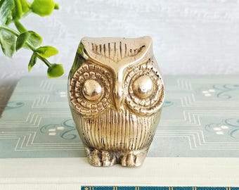 Solid Brass Vintage Owl Figurine Trinket Paperweight Miniature 2” Textured MCM