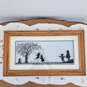 Vintage Silhouette Framed Wall Art Picture Children Playing, Birds, Nursery Art, Blue Hearts