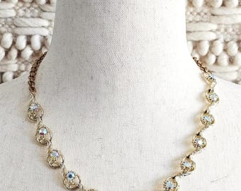 Vintage Aurora Borealis Rhinestone Gold Tone Necklace, 18.5 inches