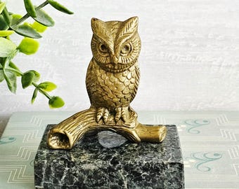 Vintage Solid Brass Owl on Branch on Black & Green Marble Base Paperweight
