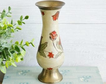 Vintage Solid Brass Enameled Floral Vase 5.8"