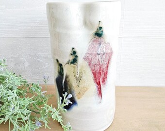 Studio Art Pottery Vase, Abstract Glaze, Signed Wald, 8.5 Inches, Blue, Red, White