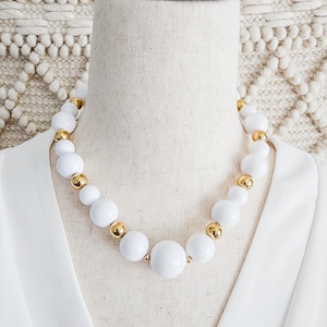 Monet Signed Vintage Gold Tone And White Beaded Necklace
