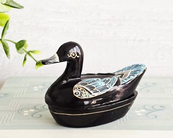 Wooden Duck Figurine: Black, Blue, and Gold Trinket Box