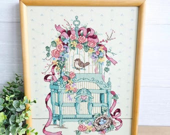 Vintage Framed Cross Stitch Ribbons N Bows Birds Birdcage Cottagecore
