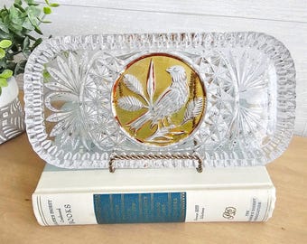 Vintage Hofbauer Byrdes Lead Crystal Yellow Bird Tray Relish Dish 8.6" L