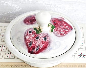 Studio Pottery Small Dish with Lid, Strawberry Design, Trinket Dish, Signed MD Wald