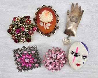 Vintage Brooch Lot of 6 Rhinestone Faux Pearl Floral Hand Mask Cameo Pink Grandmacore