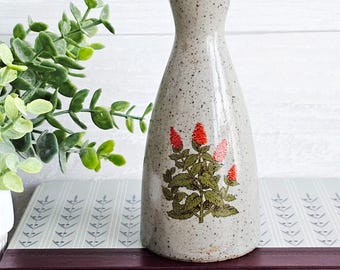 Vintage Takahashi Speckled Stoneware Bud Vase, Red flowers, Japan