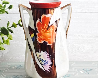 Vintage Hand-Painted Art Deco Style Vase Lusterware Glaze Floral Carnation Orange