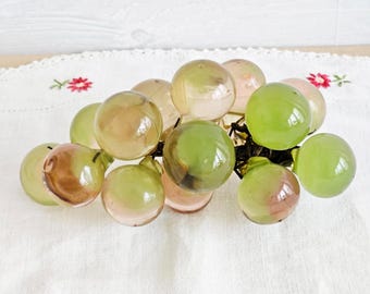 Vintage Lucite Green and Red Grapes Cluster On Grapevine MCM Decor Fruit Decor